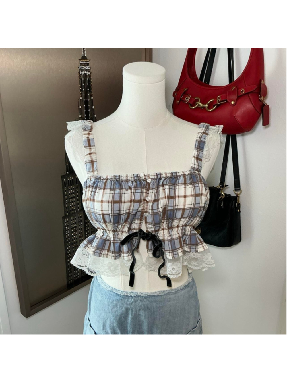 Out From Under Plaid Lace Trim Corset Cami Top M